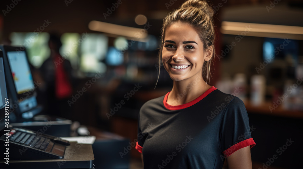 Smiling female cashier at checkout counter with digital tablet in store Smiling female cashier at checkout counter with digital tablet in store