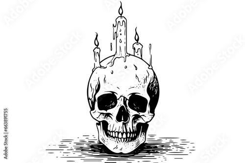 Scull with candle hand drawn ink sketch. Engraved style vector illustration