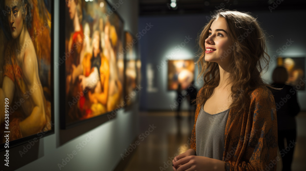Woman looks at paintings in a gallery during an exhibition - obrazy, fototapety, plakaty 