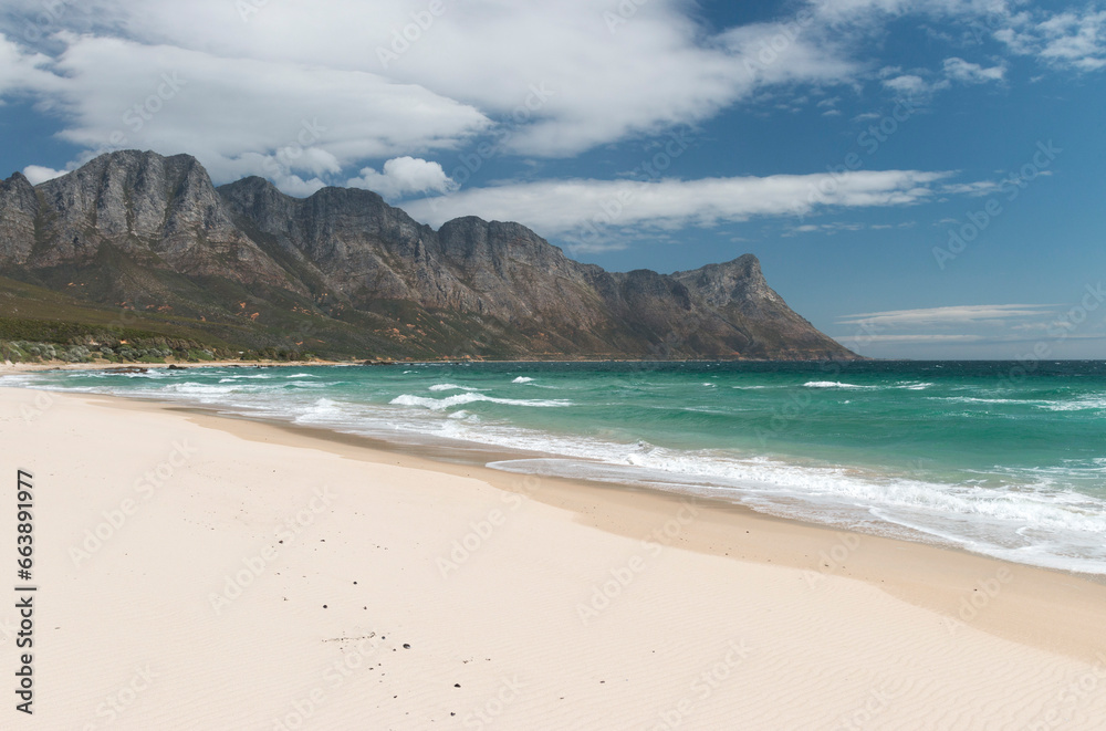 white sand beach and turquoise ocean in Helderberg rural area near Gordons Bay, Western Cape, South Africa
