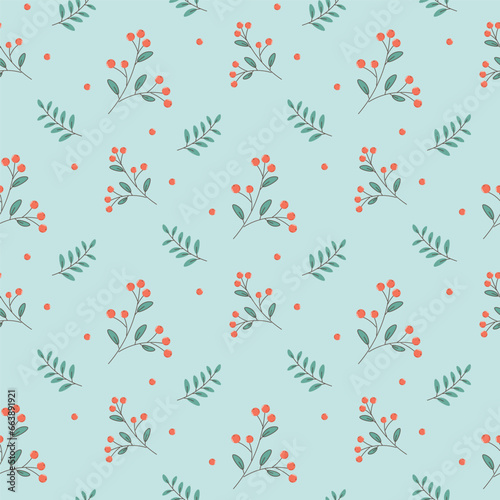 Seamless pattern berries and twigs and leaves. green background, plants