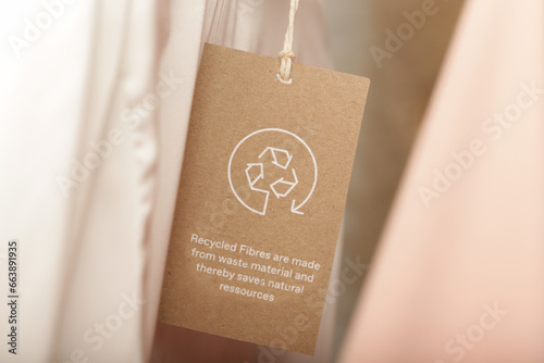 Close up of clothing tag with recycle icon. Recycling products concept. Zero waste, suistainale production, environment care and reuse concept.	 photo