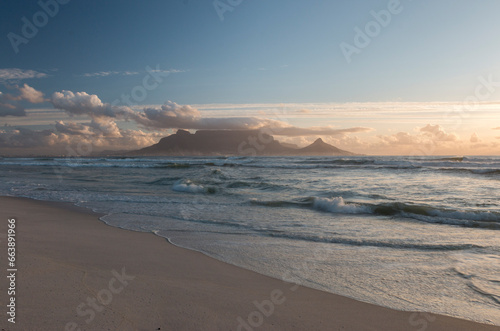 view of the Table Mountain, Lion's head and Cape Town from Blouberg Beachfront, Western Cape, South Africa,