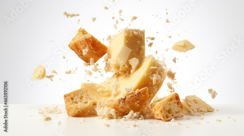 Chunks of hard cheese fall against a light-colored background photo