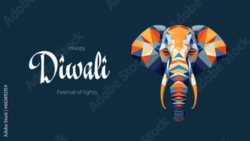 Indian holiday Happy Diwali banner. Deepavali India festival of lights horizontal cover. Deity elephant Ganesha. Hindu traditional celebration print. Creative art modern minimal graphic vector design
