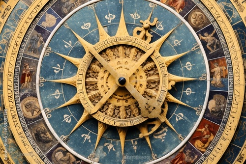 Medieval astrology wheel isolated on white with ancient clock detail from Torre dell'orologio in Venice, Italy. Symbols of astrology on star circle. Concept of horoscope and time. Generative AI