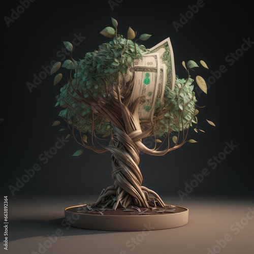 Money Tree of Dollars. Money tree concept with room for text or copy space. Dollar. Bitcoin. Cryptocurrency. AI generated photo