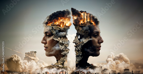 War in the Middle East, symbolic image of the Israel Palestine conflict, anti-war image showing the split of human nations driven by hatred towards each other, collapse of civilization caused by rage