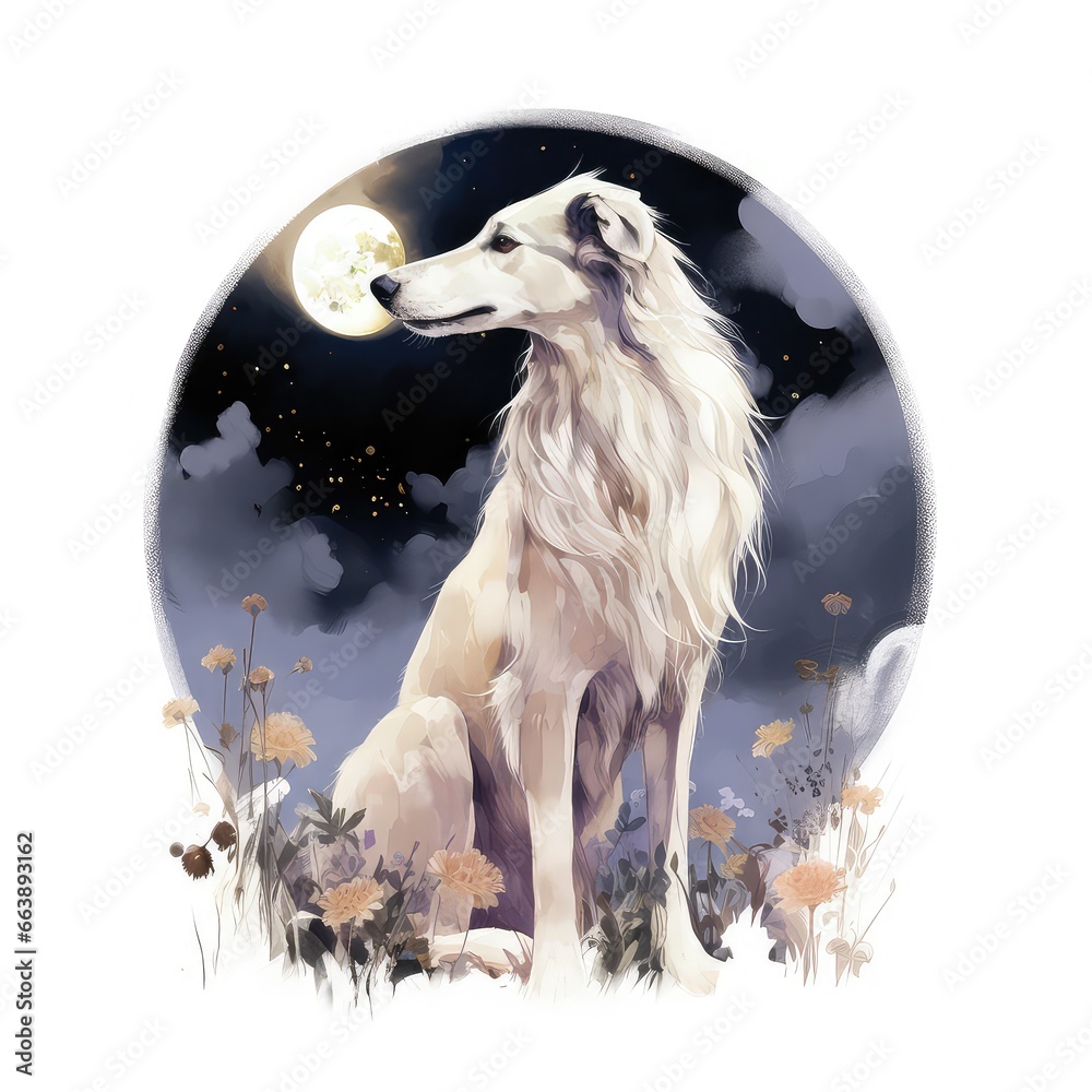 Borzoi dog with flower in the night Watercolor