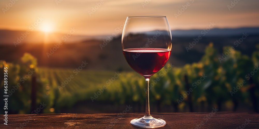 AI Generated. AI Generative. Glass of red win on a wooden cintage table at nature outdoor lanscape vineyard background. Graphic Art