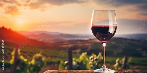 Wallpaper Mural AI Generated. AI Generative. Glass of red win on a wooden cintage table at nature outdoor lanscape vineyard background. Graphic Art Torontodigital.ca