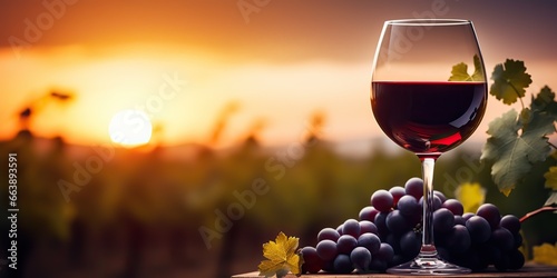 AI Generated. AI Generative. Glass of red win on a wooden cintage table at nature outdoor lanscape vineyard background. Fresh harvest berry drink photo