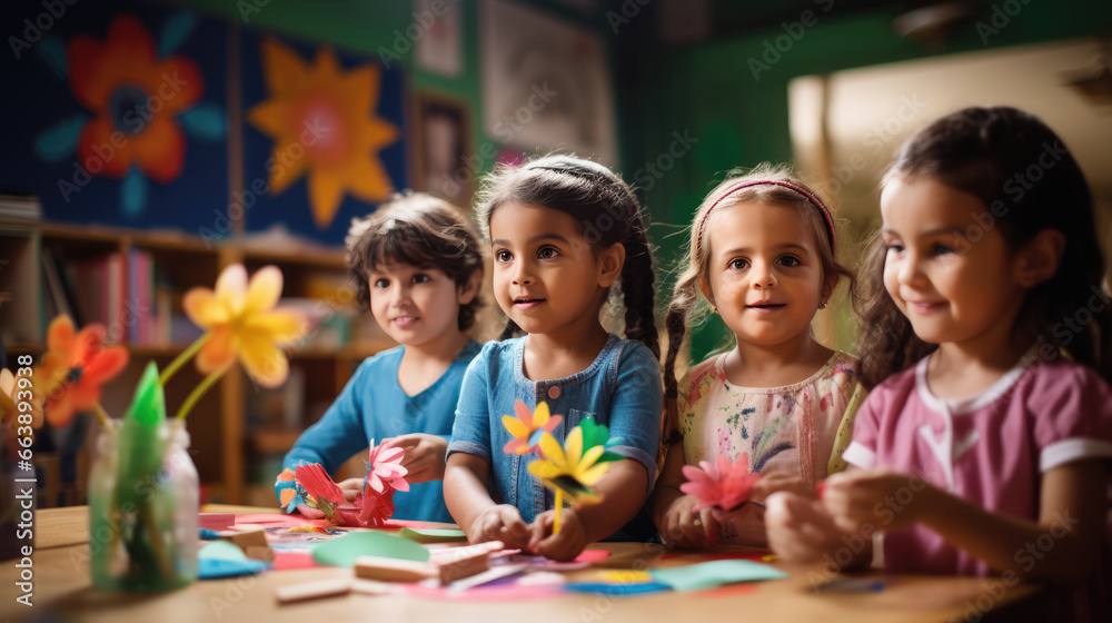 Group of preschoolers makes a paper and paint crafts on classroom lessons Group of preschoolers makes a paper and paint crafts on classroom lessons