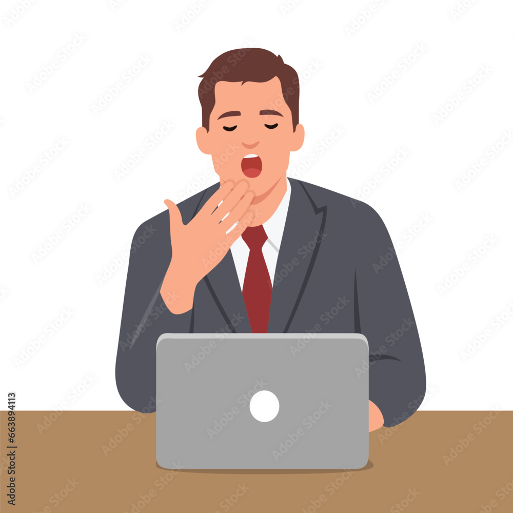 Bored business man worker procrastinating at computer desk. Tired sleepy employee person yawning working late at office workplace. Flat vector illustration isolated on white background Bored business man worker procrastinating at computer desk. Tired sleepy employee person yawning working late at office workplace. Flat vector illustration isolated on white background