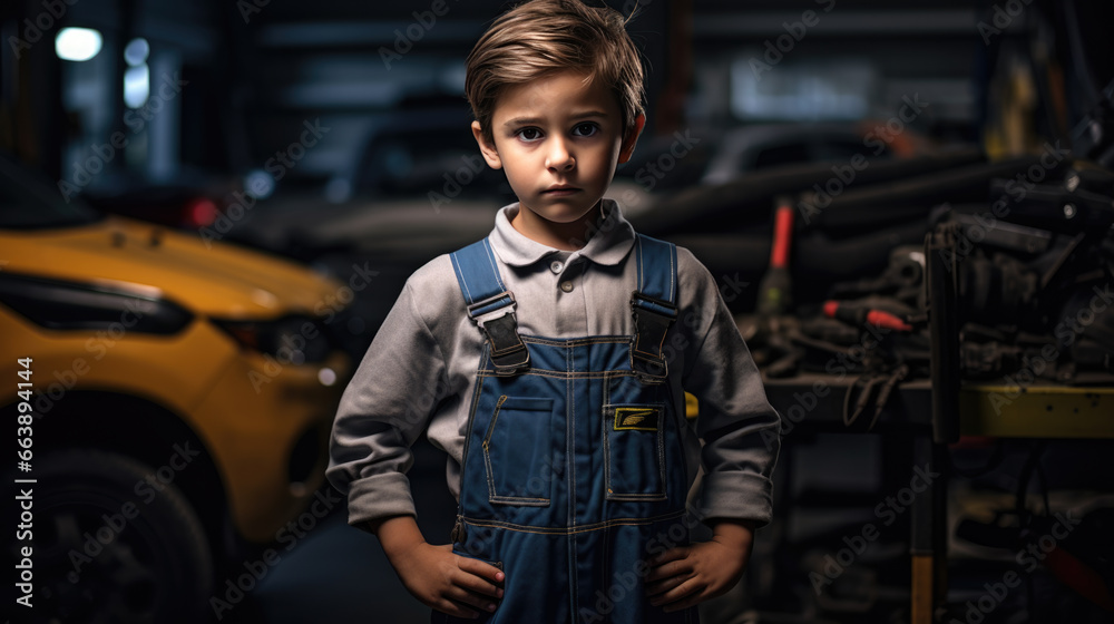 A little boy pretending to be a mechanic. The concept of children in adulthood. A little boy pretending to be a mechanic. The concept of children in adulthood.