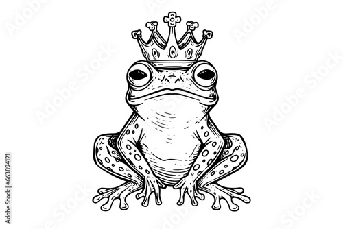 Princess frog in crown hand drawn ink sketch. Engraved style vector illustration