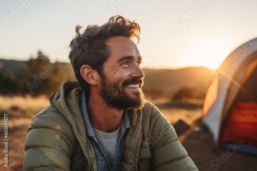 Portrait of  man looking at camera while near camping tent at sunset
