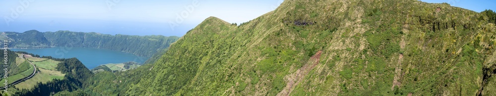 Panoramic view of crater and lake from Boca do Inferno viewpoint on Sao Miguel island, Azores