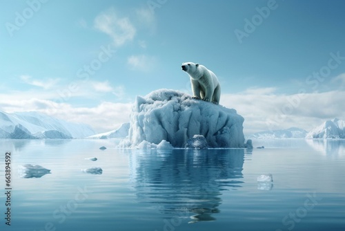 Polar bear on iceberg amid water, symbolizing global warming & plastic pollution. Generative AI
