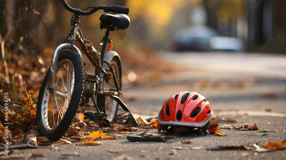 Naklejka premium Kid's bicycle and fallen helmet on sidewalk