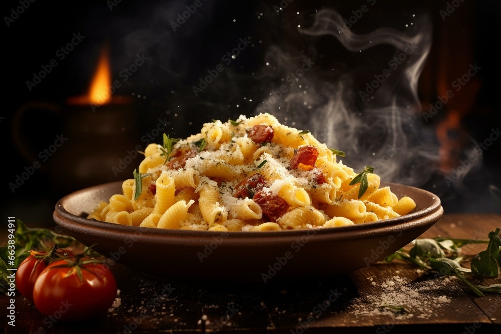 Italian pasta dish with cheese served on atmospheric background. Generative AI - obrazy, fototapety, plakaty 