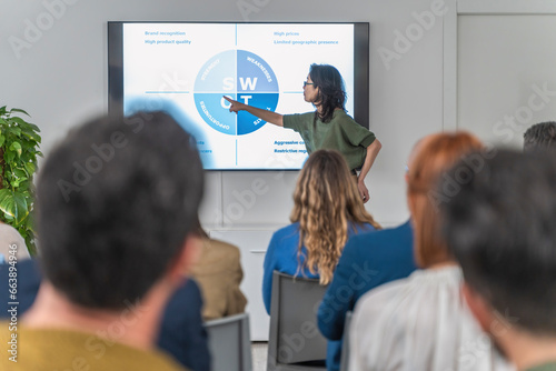 An adult Japanese woman confidently leads a meeting, pointing to a monitor displaying a SWOT analysis chart. Her attentive audience listens as she delves into strategic insights. photo
