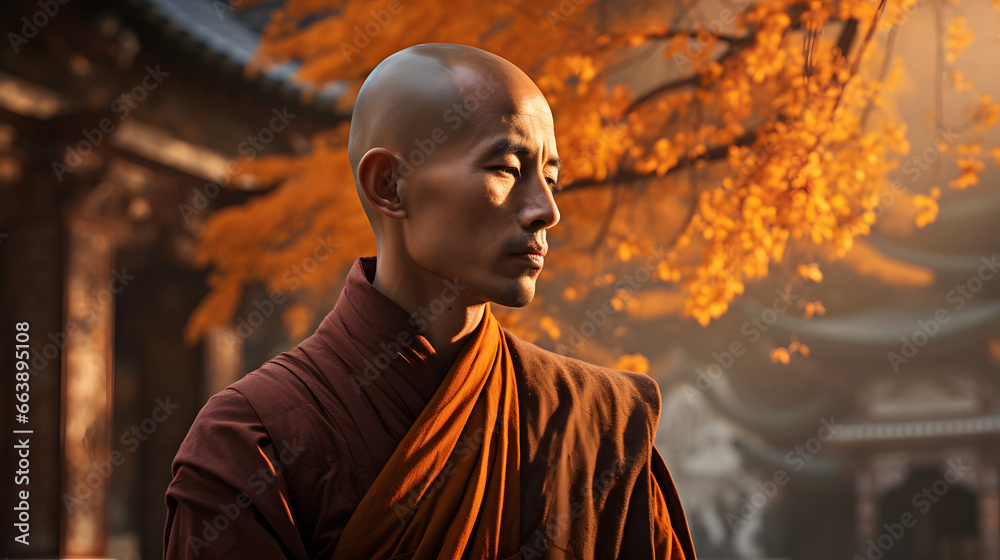 Monk in thoughtful profile against peaceful monastery setting - obrazy, fototapety, plakaty 