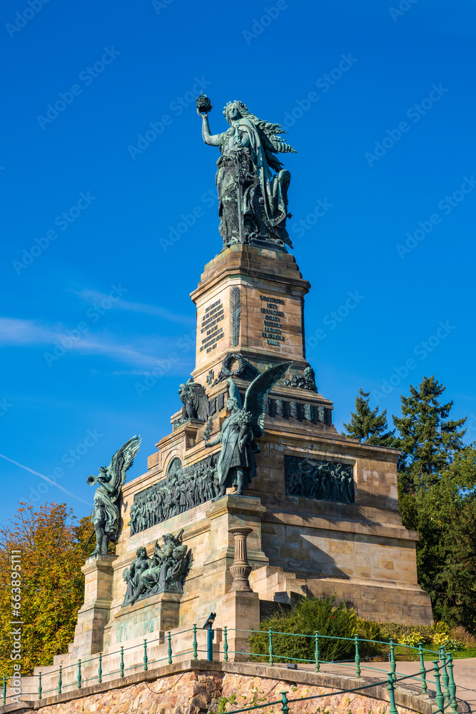 View of the Niederwald Monument, also known as Germania, on a sunny autumn day in the vineyards above Rüdesheim am Rhein/Germany