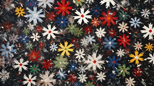 Colorful Christmas background pattern of abstract snowflakes falling in the night sky.