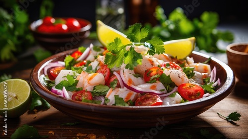 Ceviche: A refreshing shot of citrusy Ceviche with fresh seafood, tomatoes, onions, and cilantro, served in a vibrant bowl. beachside summer style.
