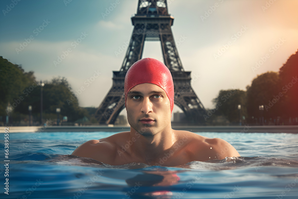 An Olympic athlete swims in a pool with the Eiffel Tower. Concept of the Paris 2024 Olympic Games