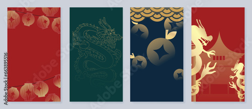 Happy Chinese New Year cover background vector. Year of the dragon design with golden dragon, Chinese lantern, ancient city, orange. Elegant oriental illustration for cover, banner, website, calendar.