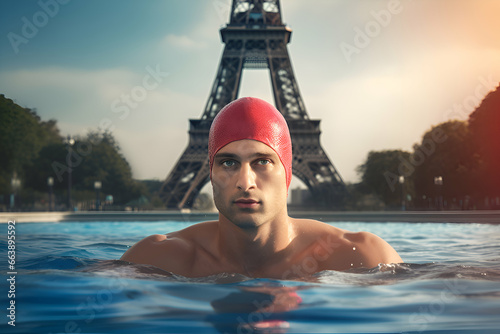 An Olympic athlete swims in a pool with the Eiffel Tower. Concept of the Paris 2024 Olympic Games photo