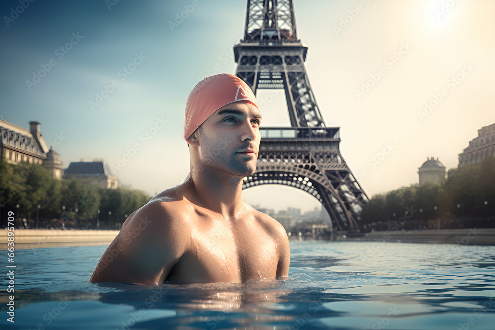 An Olympic athlete swims in a pool with the Eiffel Tower. Concept of