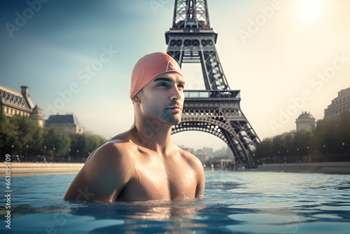 An Olympic athlete swims in a pool with the Eiffel Tower. Concept of the Paris 2024 Olympic Games photo