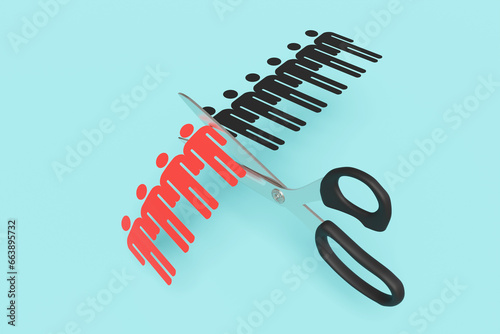 Scissors cutting a paper craft of a row of human shaped outline on blue background. Illustration of the concept of layoff and downsizing of staff