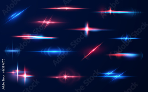 Realistic light reflections, neon illumination in red and blue colors. Bright light lens. Police light effects, lines. Shiny stars, glowing sparks on a black background. Vector