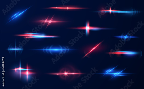 Realistic light reflections, neon illumination in red and blue colors. Bright light lens. Police light effects, lines. Shiny stars, glowing sparks on a black background. Vector