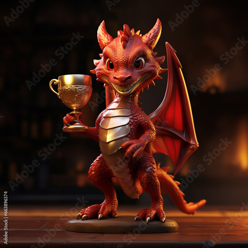 A 3D red dragon fiercely guarding its treasure with immense power, bathed in radiant light against a blurred vintage backdrop.