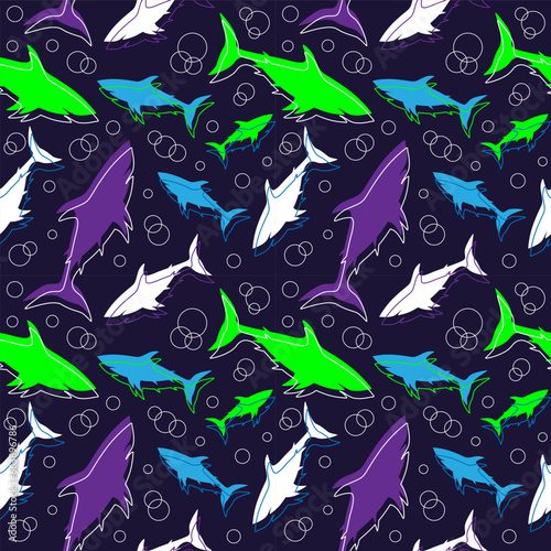 Shark silhouette and bobbles seamless pattern. Monochrome vector illustration