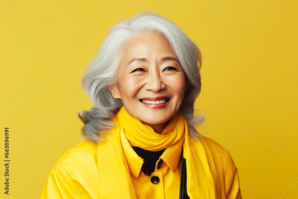 Retrato modelo de mujer madura de rasgos asiáticos sobre fondo amarillo. Retrato modelo de mujer madura de rasgos asiáticos sobre fondo amarillo.