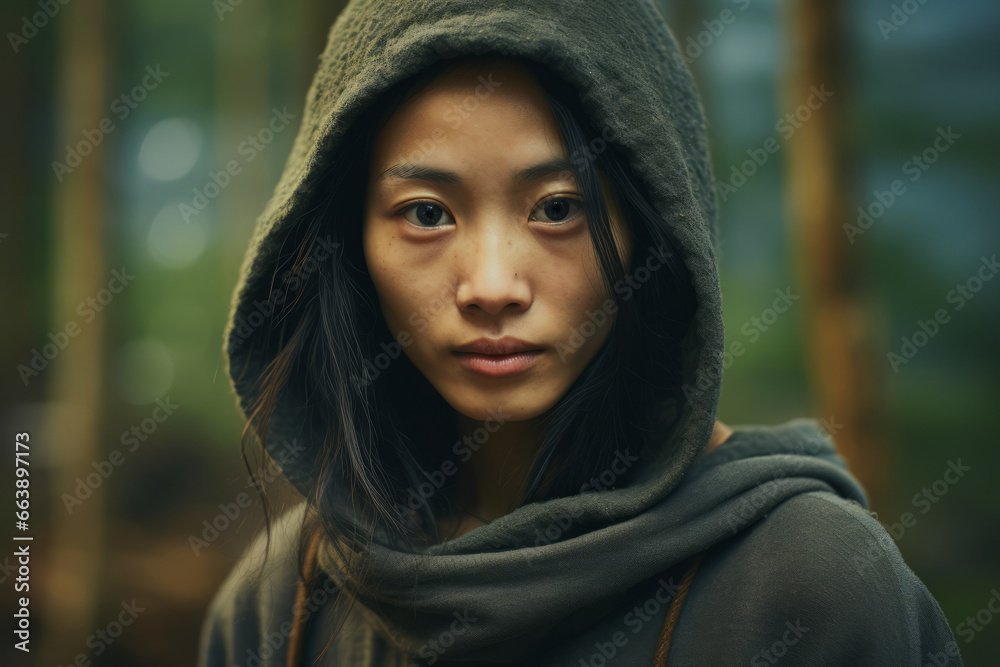Retrato de chica joven asiática con fuerza en su mirada. Supervivencia.  - obrazy, fototapety, plakaty 