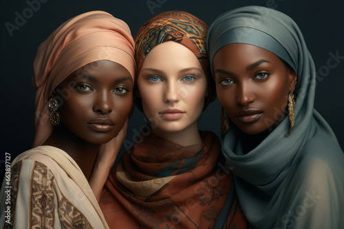 Retrato de tres mujeres de diferentes etnias. Concepto multietnia. photo