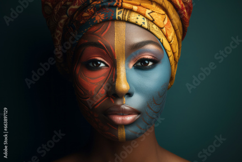 Retrato de mujer africana con maquillaje tradicional de su cultura. 