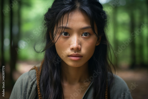 Retrato de chica joven asiática con fuerza en su mirada. Supervivencia.  photo