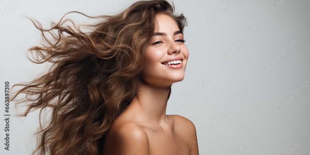 AI Generated. AI Generative. Beautiful young adult female girl model with luxuy long hair. Make up and smile portrait face woman. Fashion promotion and hair style inspiration - obrazy, fototapety, plakaty 