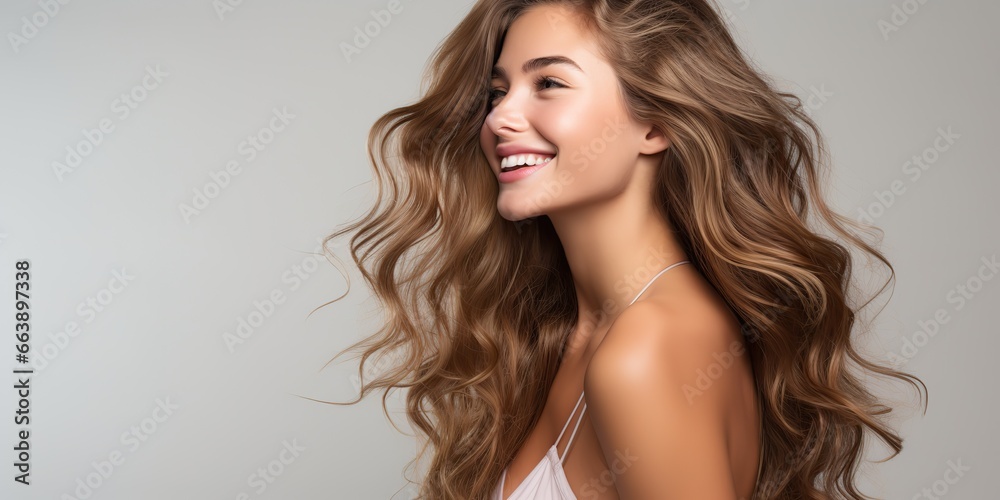AI Generated. AI Generative. Beautiful young adult female girl model with luxuy long hair. Make up and smile portrait face woman. Fashion promotion and hair style inspiration AI Generated. AI Generative. Beautiful young adult female girl model with luxuy long hair. Make up and smile portrait face woman. Fashion promotion and hair style inspiration