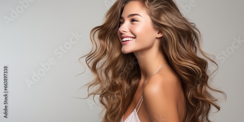 AI Generated. AI Generative. Beautiful young adult female girl model with luxuy long hair. Make up and smile portrait face woman. Fashion promotion and hair style inspiration