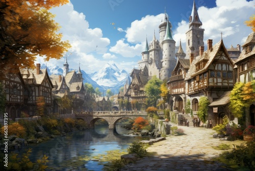 Fantasy drawing of a medieval town.