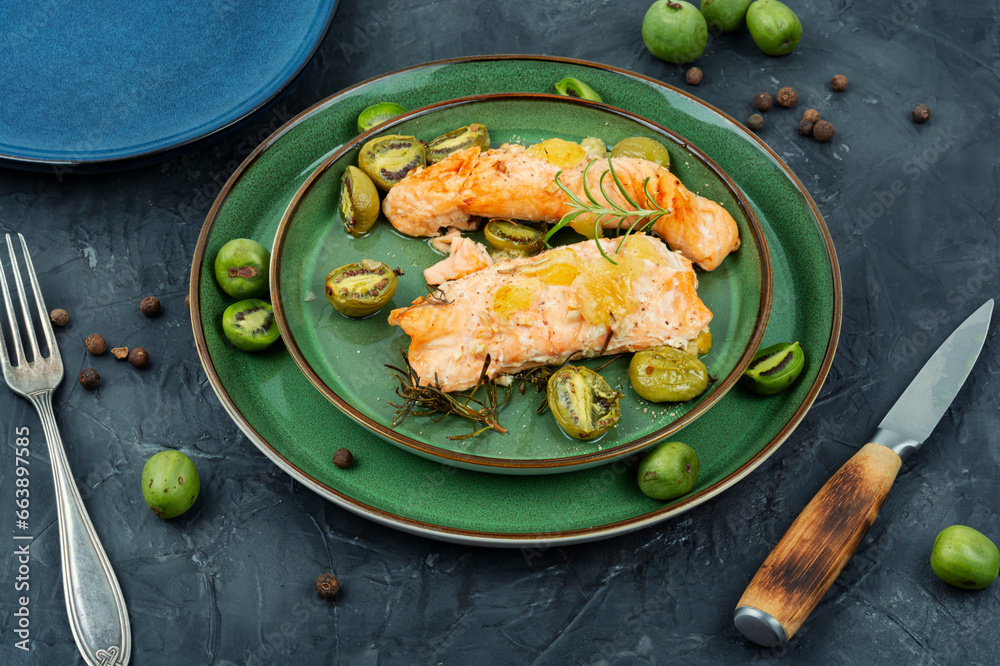 Baked salmon fillets with mini kiwi. Baked salmon fillets with mini kiwi.
